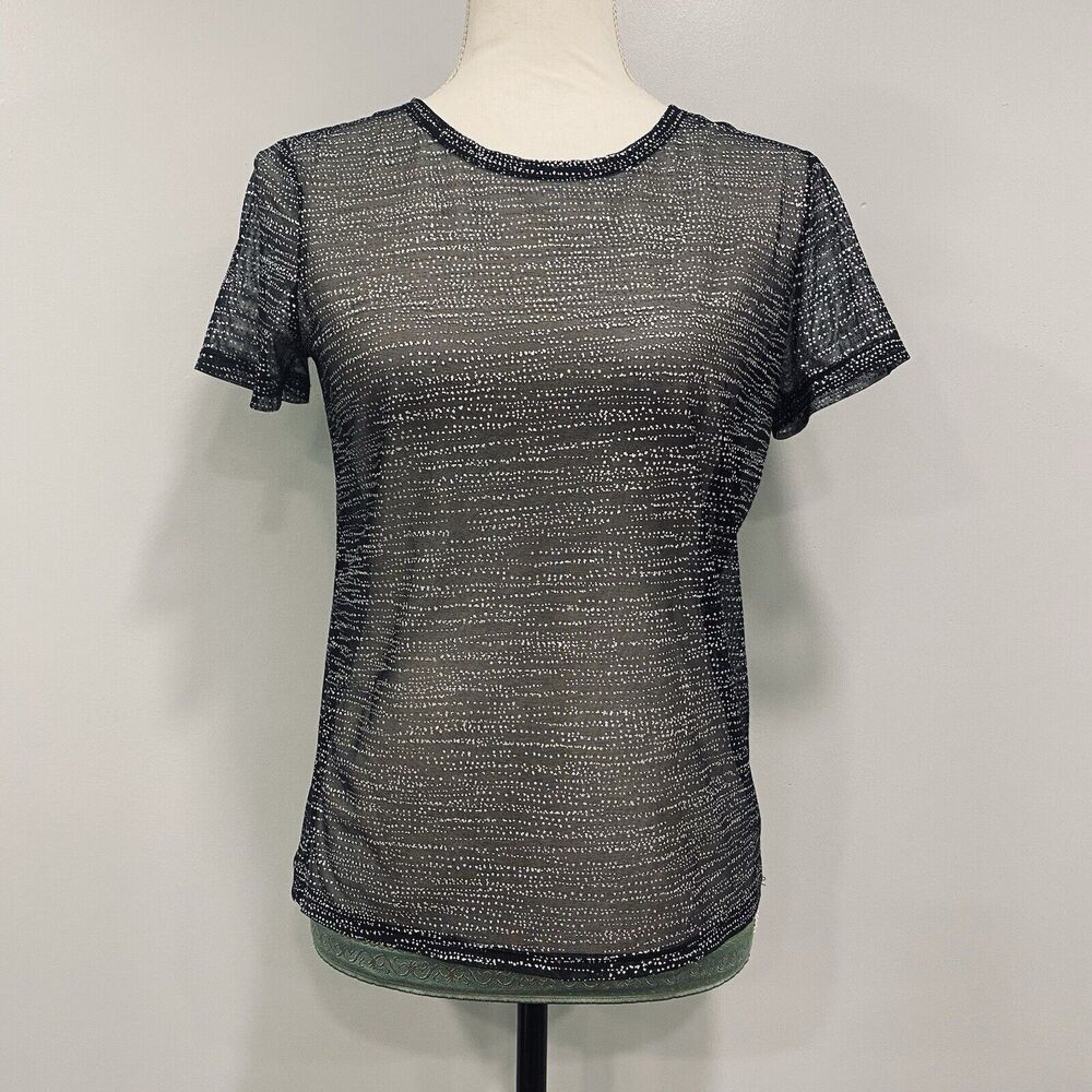 VICTORIA’S SECRET S Black Silver Dot Sheer Mesh Top Coquette Goth Dark Romance
